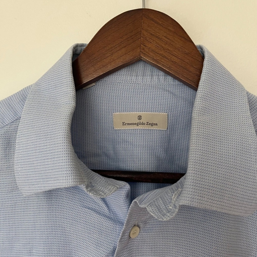 Ermenegildo Zegna Mens Light Blue Textured French Cuff Dress Shirt 42 16.5 Italy